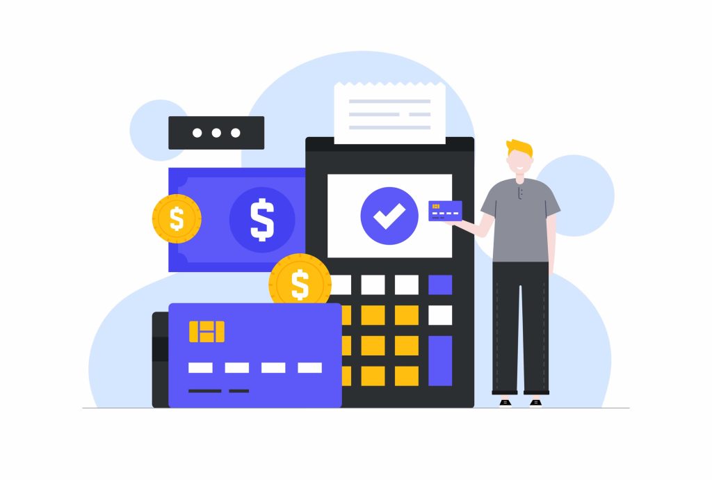 Payment Processing concept vector illustration for web pages, user interface and mobile app. A young man holding credit card. coins, process, finance, credit card reader and check mark.